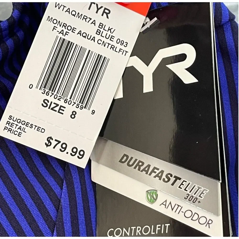 TYR Women MONROE Aqua ControlFit 1pc SwimSuit Navy Blue Stripe - Size 8 - $80